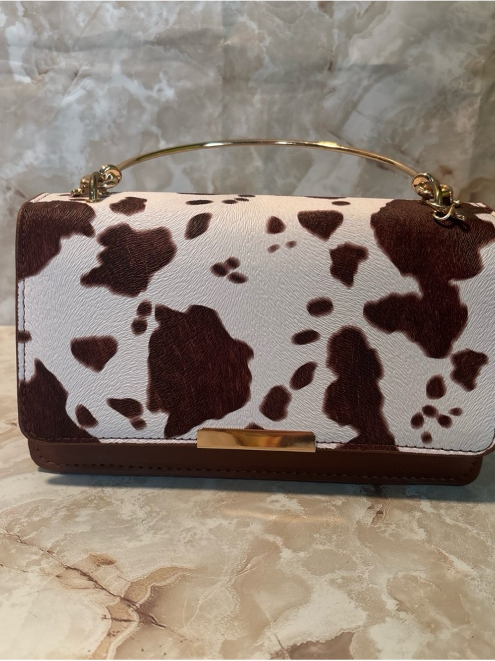 SHEIN Brown and White Cowprint Top-Handle Shoulder Bag